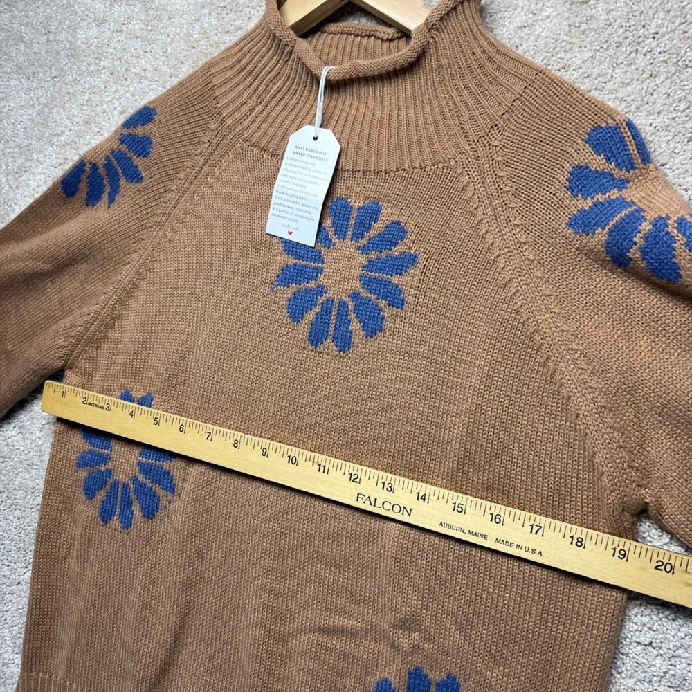 Brown Mock Neck Sweater Blue Floral Print‎ Long Sleeve Knit Boho Cottage Size S - Picture 6 of 10